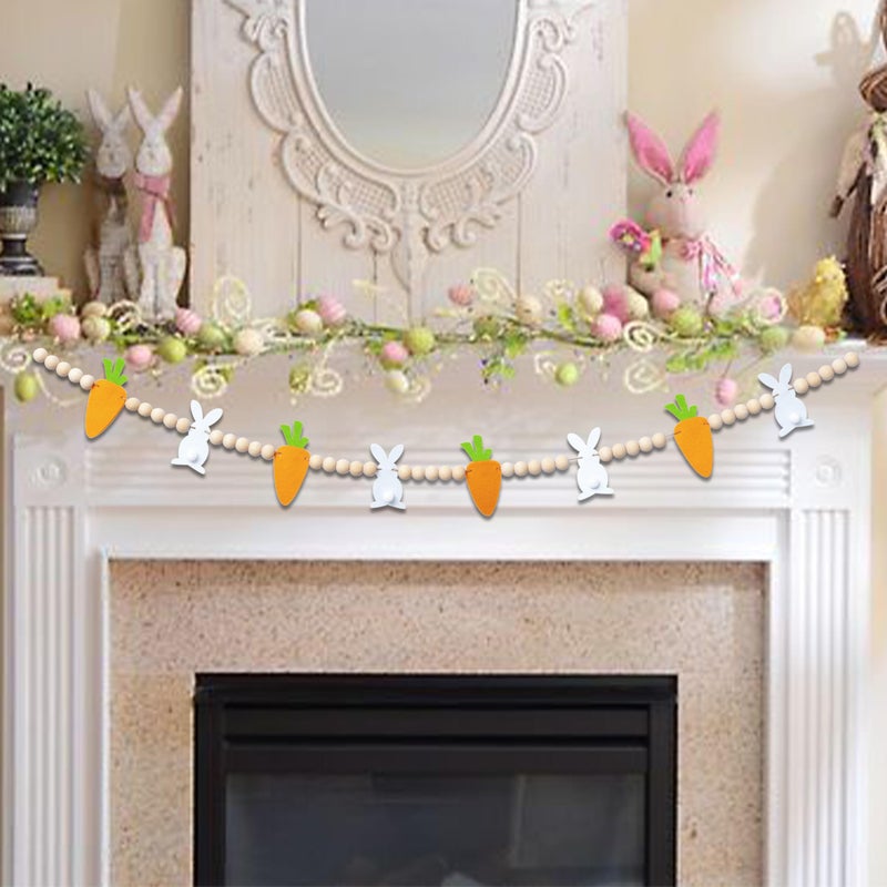 VANGNING Easter Bunnies and Carrots Garland - Felt Bunny and Wood Beads Banner, Decoration Wall Hanging Bunting (Carrots Garland) - Image 5