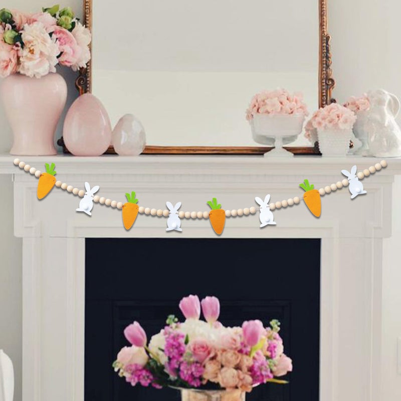 VANGNING Easter Bunnies and Carrots Garland - Felt Bunny and Wood Beads Banner, Decoration Wall Hanging Bunting (Carrots Garland) - Image 4