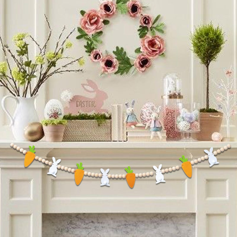 VANGNING Easter Bunnies and Carrots Garland - Felt Bunny and Wood Beads Banner, Decoration Wall Hanging Bunting (Carrots Garland) - Image 1