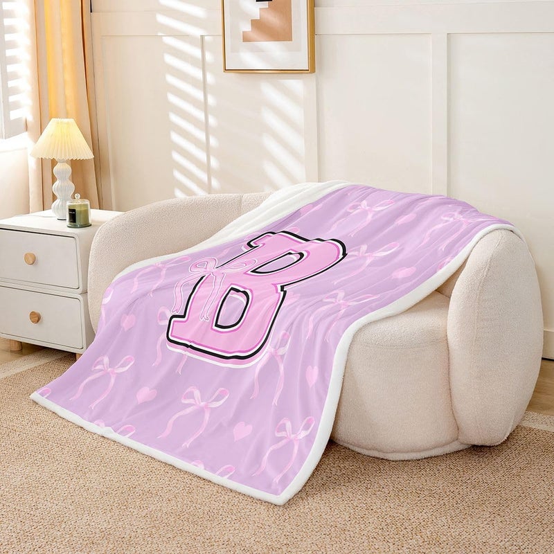 Erosebridal Purple Pink Bow Fuzzy Plush Throw Preppy Ribbon Bow Fleece Blanket Coquette Initial B Sherpa Blanket for Kids Girls Boys Adults Love Hearts Aesthetic Decor for Bed Couch Twin Size - Image 2