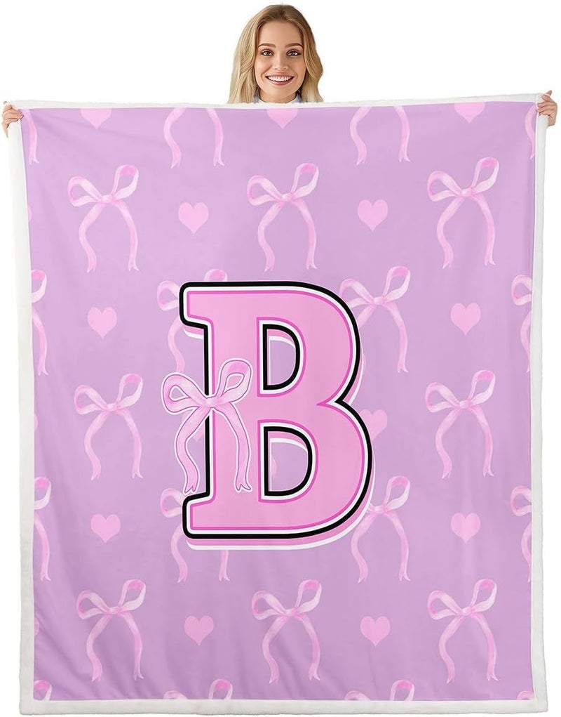 Erosebridal Purple Pink Bow Fuzzy Plush Throw Preppy Ribbon Bow Fleece Blanket Coquette Initial B Sherpa Blanket for Kids Girls Boys Adults Love Hearts Aesthetic Decor for Bed Couch Twin Size - Image 1