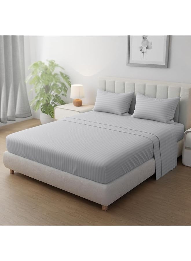 Hotel Linen Klub Striped Microfiber Fitted Sheet Size: Super King 200 X 200 Cm Ultrasoft Plush Fabric Premium Durable Quality And Deep Pockets For A Perfect Fit Light Gray  - Image 1
