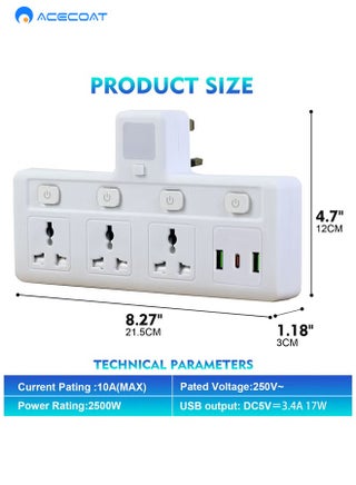 Multi Plug Extension Socket With Night Light, 3 Way Wall Power Adapter, Electrical Outlet Extender 2 Usb & 1type-C, Universal Plug Adapter For Home, Office, Kitchen - view 4