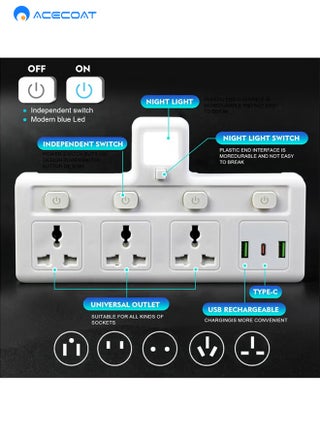 Multi Plug Extension Socket With Night Light, 3 Way Wall Power Adapter, Electrical Outlet Extender 2 Usb & 1type-C, Universal Plug Adapter For Home, Office, Kitchen - view 3