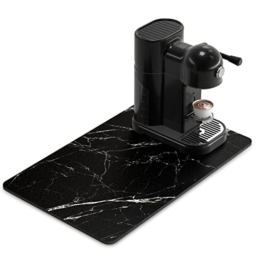 Rnivvi Coffee Mat 12 x 19 Cute Marble Style Coffee Bar Mats for Espresso Machine Station Accessories and Organizer Hide Stain Rubber Backed Absorbent Dish Drying Pad for Kitchen Counter Black