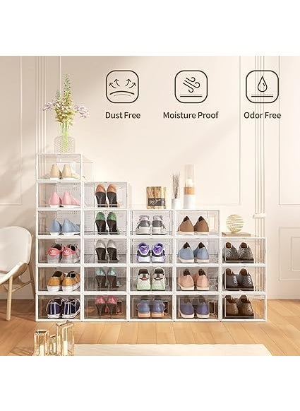 EXOMOON - EXOMOON 12 Pack X Large Shoe Organizer Storage Boxes for Closet Modular Space Saving Shoe Boxes Clear Plastic Stackable Sneaker Containers Display Case with Lids White - Image 1
