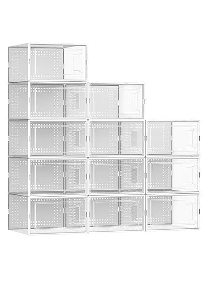 EXOMOON 12 Pack X Large Shoe Organizer Storage Boxes for Closet Modular Space Saving Shoe Boxes Clear Plastic Stackable Sneaker Containers Display Case with Lids White