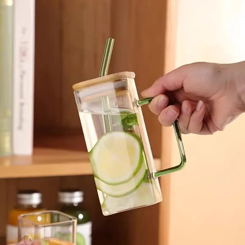 CALIST Wesco Wooden Lid Drinking Glass Sipper Straw Tumbler Mug Set of 1 Pc Beer Soda and Tea Coffee Can Fruit Juice Milk Water Cup Cocktail Smoothie Gift Glasses - Image 1