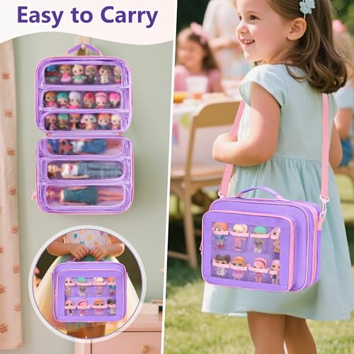 GRAOSO Doll Carrying Case Compatible with LOL Surprise Dolls All, Display Storage for Doll Organizer with 7 Clear Zipper Pockets and a Handle Strap & Shoulder Strap, Purple, Bag Only (Patented Design) - Image 5