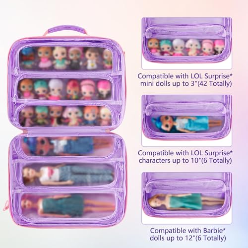 GRAOSO Doll Carrying Case Compatible with LOL Surprise Dolls All, Display Storage for Doll Organizer with 7 Clear Zipper Pockets and a Handle Strap & Shoulder Strap, Purple, Bag Only (Patented Design) - Image 2