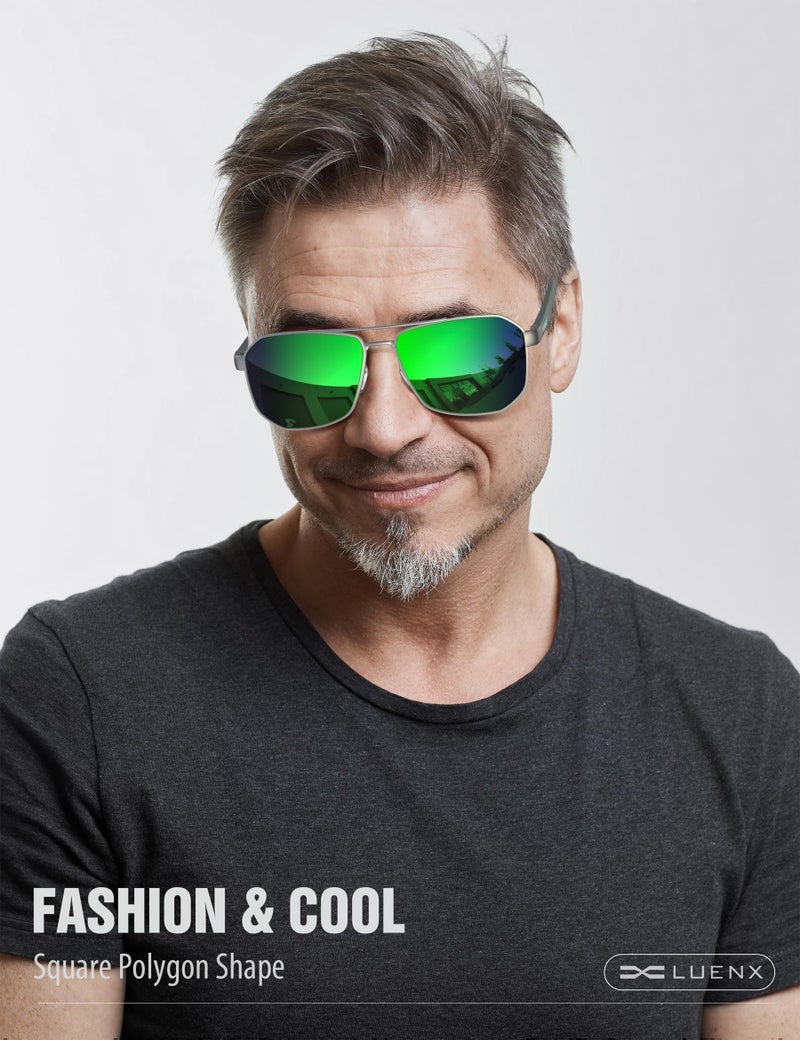 LUENX Aviator Sunglasses for Men Driving Square Polarized Polygon Lens - UV 400 Protection with Accessories(Mirror Green Lens) - Image 2
