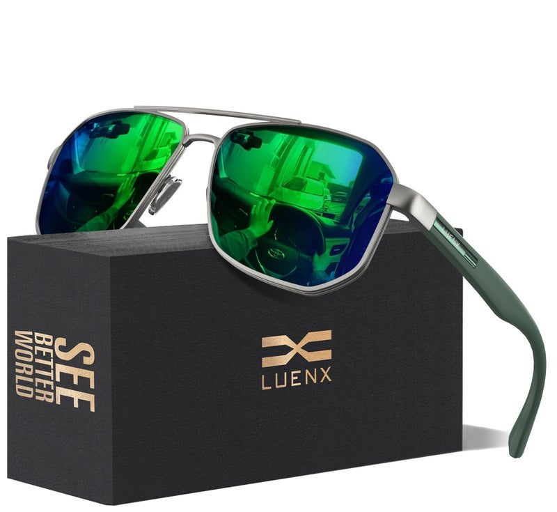 LUENX Aviator Sunglasses for Men Driving Square Polarized Polygon Lens - UV 400 Protection with Accessories(Mirror Green Lens) - Image 1