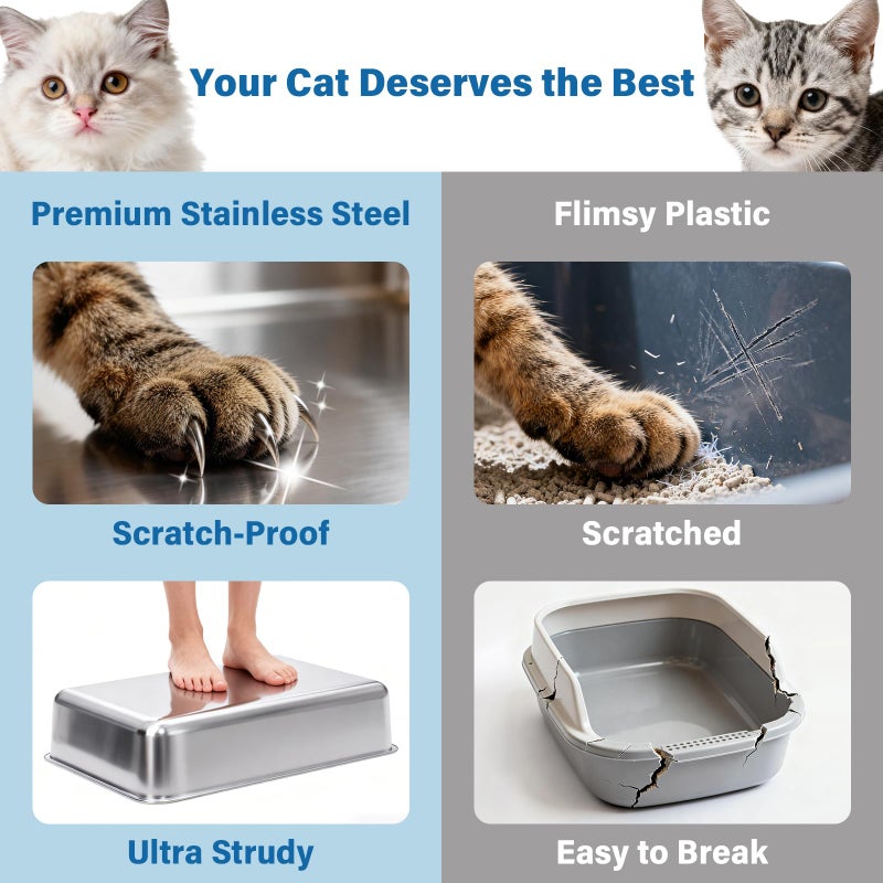 Yollber Stainless Steel Cat Litter Box with Lid, XL Metal Litter Box, Extra Large Litterbox for Big Cats, High Sided | Easy Cleaning | Odor-Free Includes Scoop and Mat - Image 4
