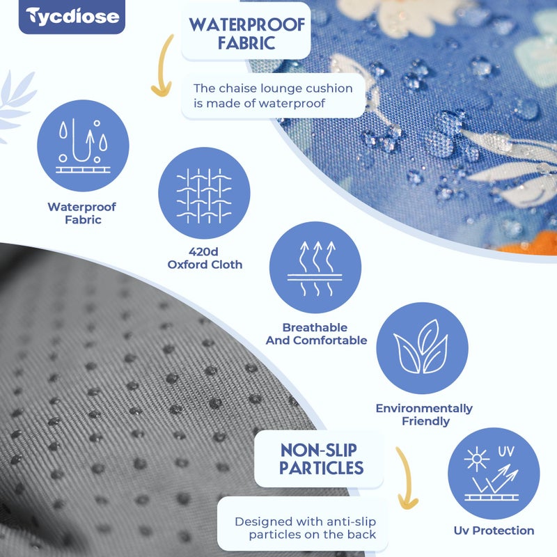 Tycdiose Waterproof Outdoor Chaise Lounge Chair Cushion 74.4 x 22 x 4.7 Inches Memory Foam Lounge Chair Cushions for Outdoor Furniture with Ties, Thickened Pool Lounge Chair Cushion, Blue Floral - Image 4