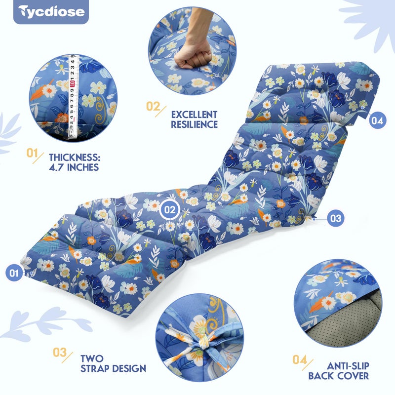 Tycdiose Waterproof Outdoor Chaise Lounge Chair Cushion 74.4 x 22 x 4.7 Inches Memory Foam Lounge Chair Cushions for Outdoor Furniture with Ties, Thickened Pool Lounge Chair Cushion, Blue Floral - Image 5