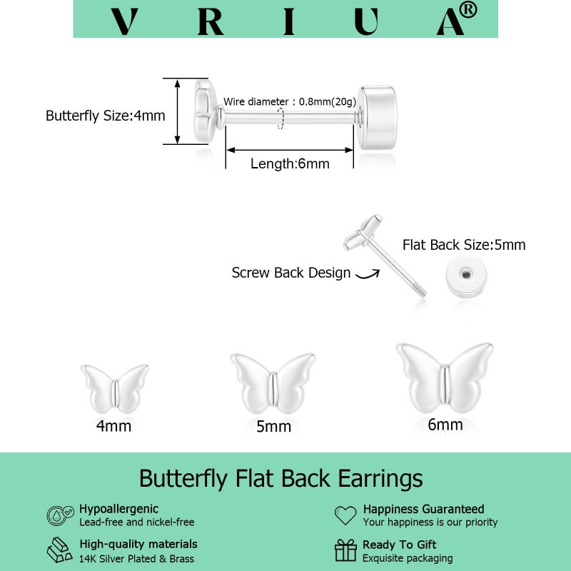 VRIUA Hypoallergenic Flat Back Earrings for Women - 14K Silver Plated Small Butterfly Flat Back Stud Earrings Cartilage Helix Piercing Jewelry - Image 4
