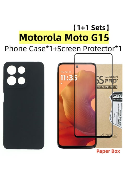 [1+1 Sets] For Motorola Moto G15 Case & Screen Protector Frosted Pudding Material TPU Cover with Tempered Glass Screen Protector