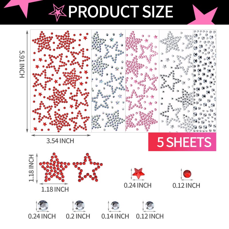 YGDZ Face Gems Face Jewels, Self Adhesive Hair Gems Festival Star Rhinestone Stickers for Face, Eye, Makeup, Body, Stick on Gems, Rave Accessories, Y2K Star Face Stickers for Kids, Women - Image 3