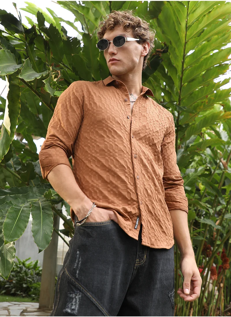 كامبوس سوترا Men's Tan Brown Embossed Geometric Shirt For Casual Wear | Spread Collar | Long Cuffed Sleeves | Button Closure | Shirt Crafted With Comfort Fit For Everyday Wear