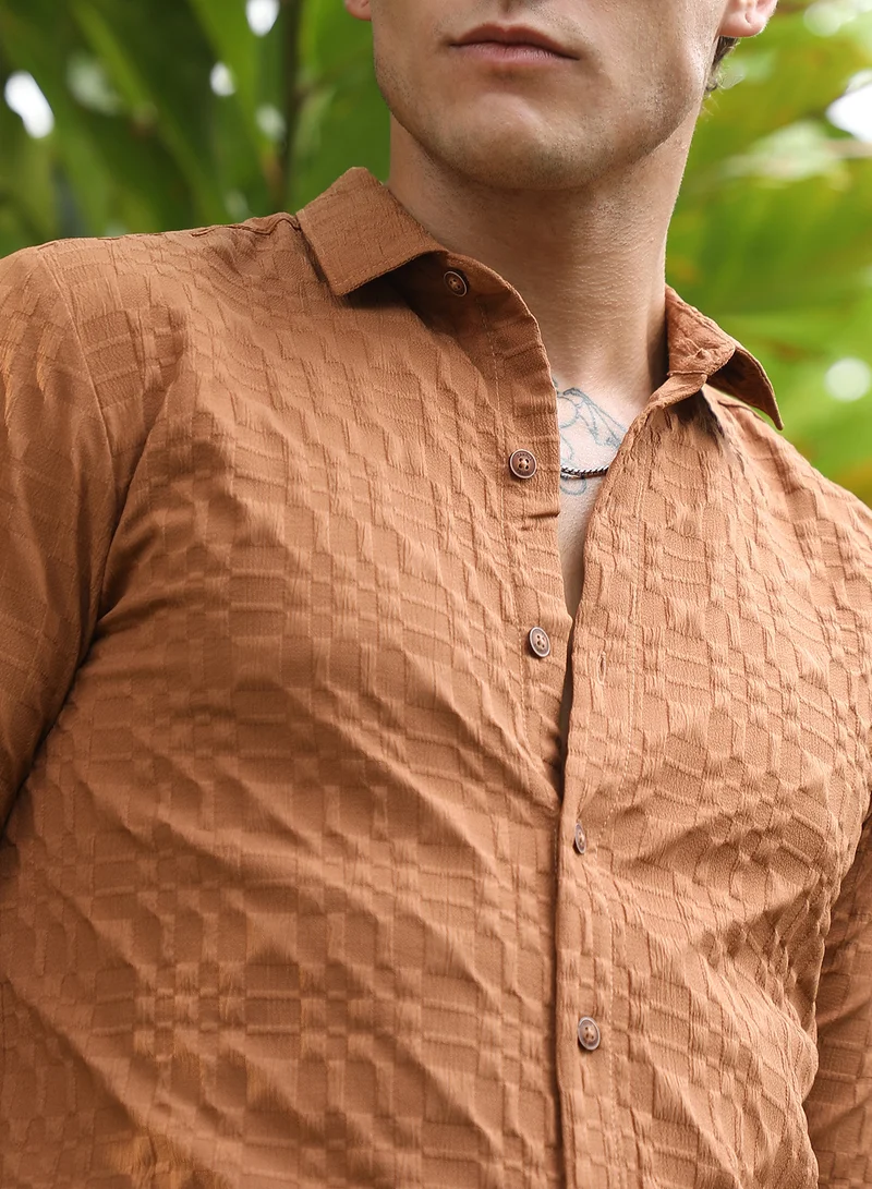 Campus Sutra Men's Tan Brown Embossed Geometric Shirt For Casual Wear | Spread Collar | Long Cuffed Sleeves | Button Closure | Shirt Crafted With Comfort Fit For Everyday Wear