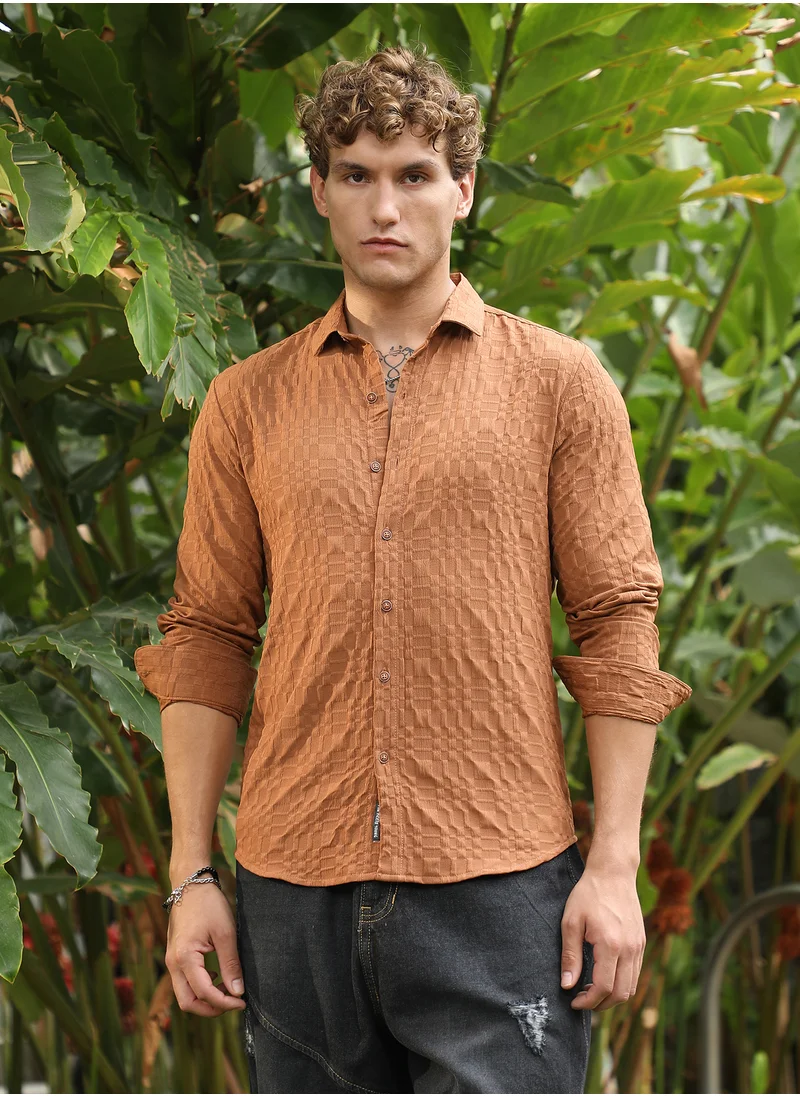 كامبوس سوترا Men's Tan Brown Embossed Geometric Shirt For Casual Wear | Spread Collar | Long Cuffed Sleeves | Button Closure | Shirt Crafted With Comfort Fit For Everyday Wear