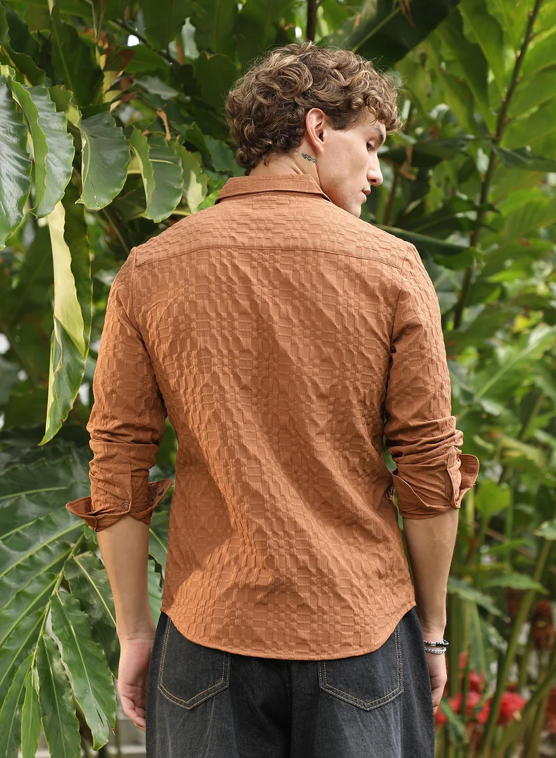 Campus Sutra Men's Tan Brown Embossed Geometric Shirt For Casual Wear | Spread Collar | Long Cuffed Sleeves | Button Closure | Shirt Crafted With Comfort Fit For Everyday Wear