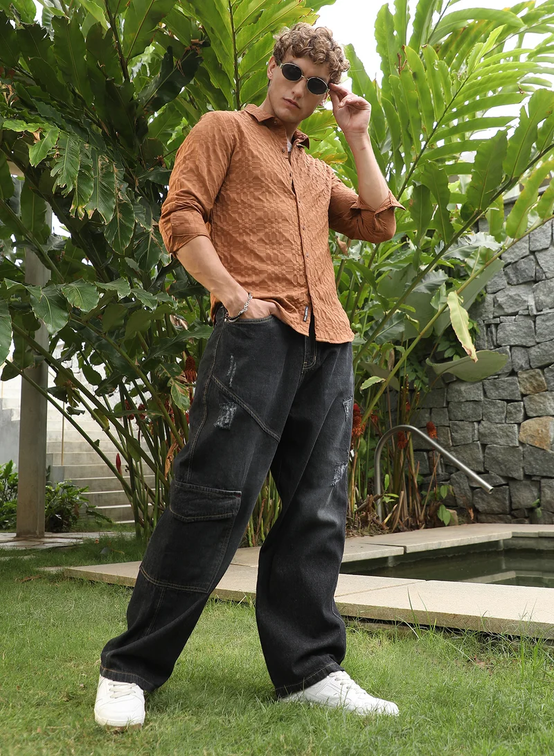 Campus Sutra Men's Tan Brown Embossed Geometric Shirt For Casual Wear | Spread Collar | Long Cuffed Sleeves | Button Closure | Shirt Crafted With Comfort Fit For Everyday Wear