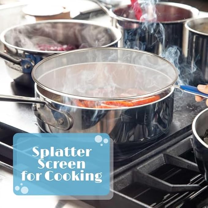 KASTWAVE Splatter Screen Splash Guard For Frying Pan 8 Inch Stainless Steel Grease Splatter Guard With Handle Hot Oil Splash Guard Fine Mesh Frying Pan Shield For Kitchen Cooking Supplies Blue Handle - Image 2