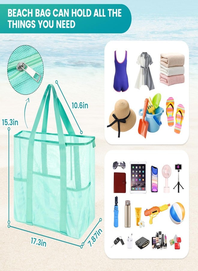 coclothy Mesh Beach Bag, Large Beach Tote with Zipper Beach Bags for Women Waterproof Sandproof with 5 Pockets Green, Green, One size - Image 4