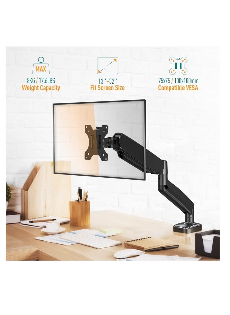 TIGER Single Monitor Arm for 13-32 Inch Monitors, Gas Spring Arm with 360° Rotation, VESA 75x75/100x100mm, C-Clamp & Grommet Base, Adjustable Stand for Monitors up to 8KG – Ergonomic Desk Mount for Home & Office Use  - Image 2