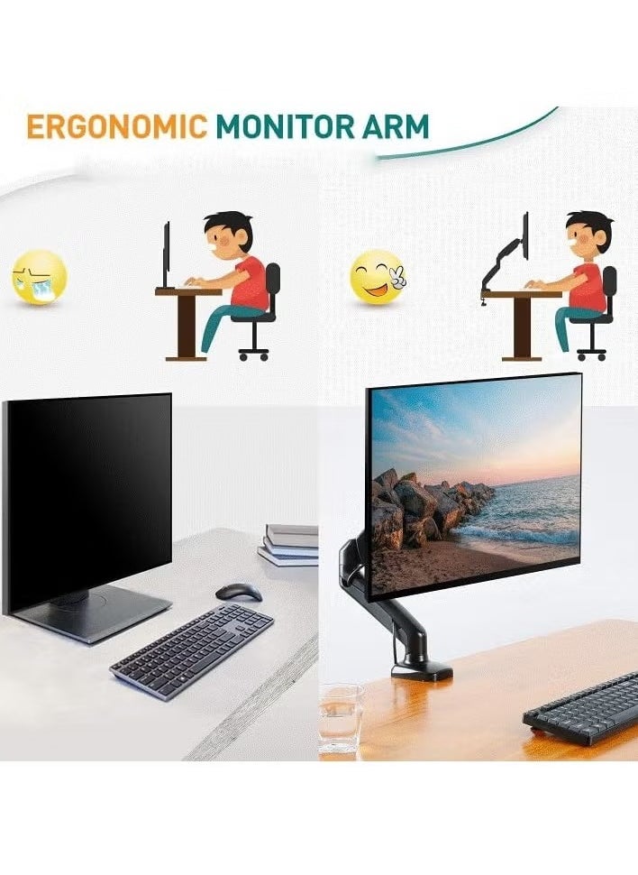 TIGER Single Monitor Arm for 13-32 Inch Monitors, Gas Spring Arm with 360° Rotation, VESA 75x75/100x100mm, C-Clamp & Grommet Base, Adjustable Stand for Monitors up to 8KG – Ergonomic Desk Mount for Home & Office Use  - Image 3