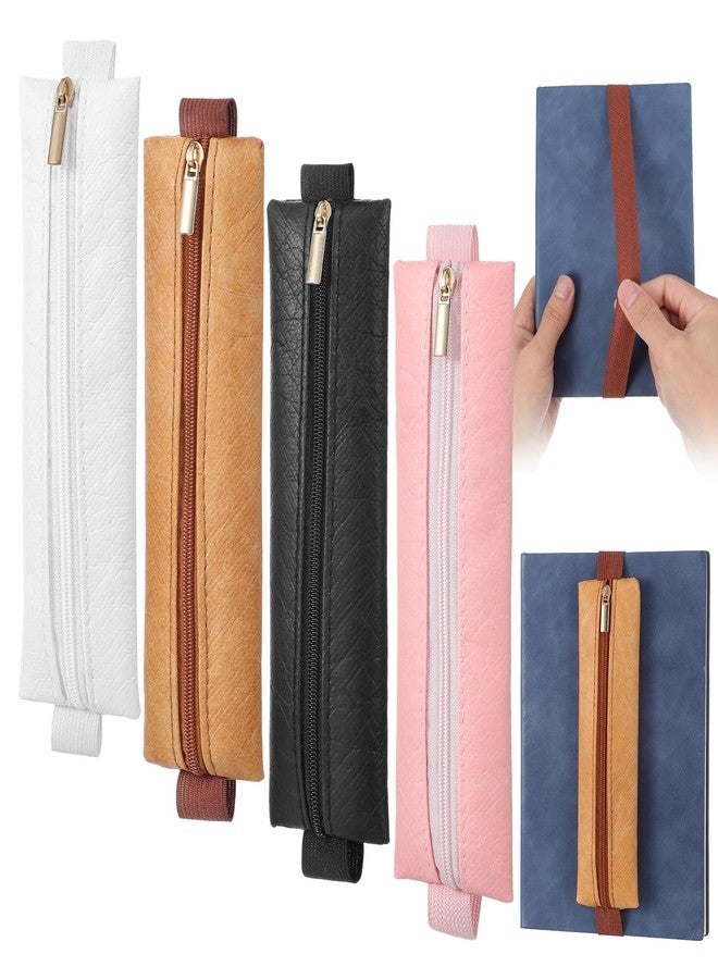 Bremorou Elastic Pen Holder For Notebook Adjustable Pu Leather Pen Sleeve Pouch With Elastic Strap Band Detachable Straps For Journal Planner And Books 4 Colors (White, Black, Pink, Caramel) - Image 1