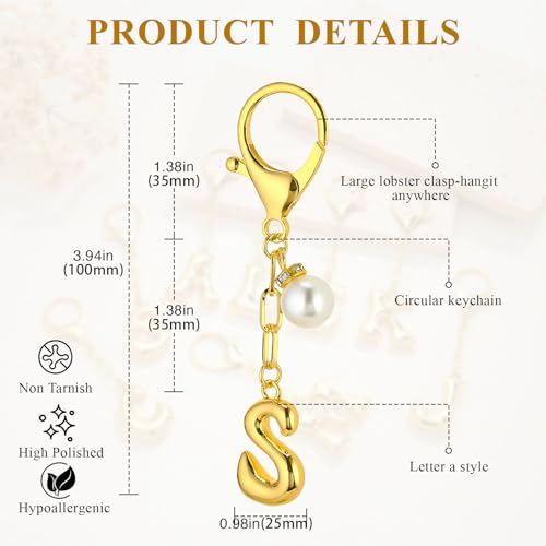 VICKHU Gold Plated Initial Letter Keychain for Women Car Key Purse Decorative Keyring Handbag Charms Fashion Cute Keychain (S, Gold-Pearl) - Image 2