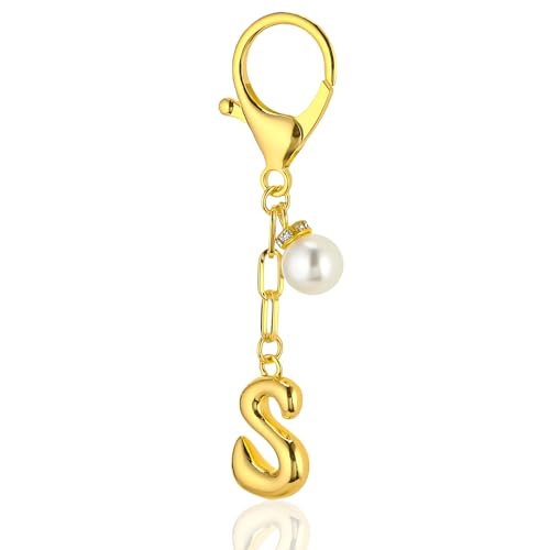 VICKHU Gold Plated Initial Letter Keychain for Women Car Key Purse Decorative Keyring Handbag Charms Fashion Cute Keychain (S, Gold-Pearl) - Image 1
