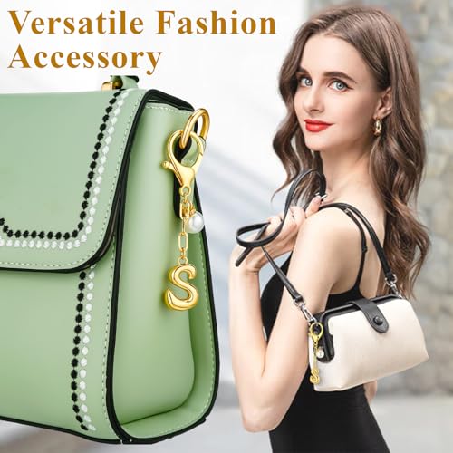 VICKHU Gold Plated Initial Letter Keychain for Women Car Key Purse Decorative Keyring Handbag Charms Fashion Cute Keychain (S, Gold-Pearl) - Image 3