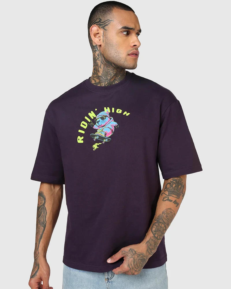 بيواكوف Men's Plum Perfect Purple Area Troop Graphic Printed Oversized T-shirt