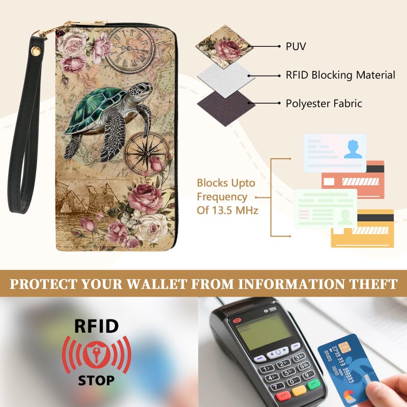 Vorruil Sea Turtles Womens Wallet, Ocean Wristlet RFID Blocking Wallets for Women, Ladies Purse with Zip Around Credit Card Holder and 10 Card Slots & ID Window, Travel Large Capacity Women's Clutch Organizer - Image 4