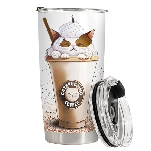 34HD Funny Cat Mom Valentine Gifts for Women, Catpuccino Coffee Tumbler 20 oz, Travel Mug for Cat Lovers, Galentine's Day Present for Friend Co-worker - Image 3