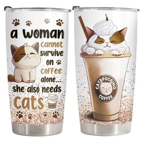 34HD Funny Cat Mom Valentine Gifts for Women, Catpuccino Coffee Tumbler 20 oz, Travel Mug for Cat Lovers, Galentine's Day Present for Friend Co-worker - Image 1