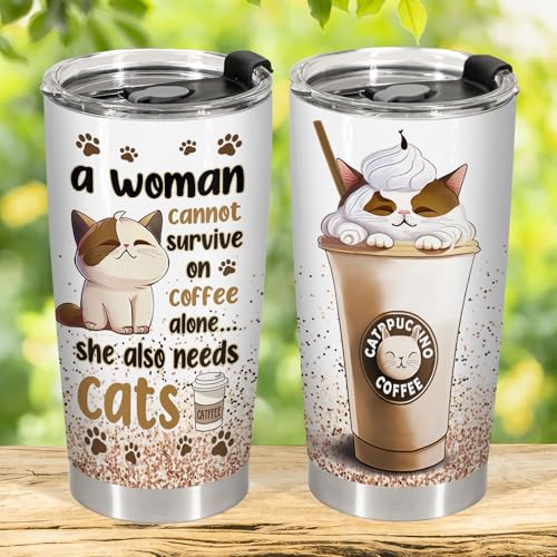 34HD Funny Cat Mom Valentine Gifts for Women, Catpuccino Coffee Tumbler 20 oz, Travel Mug for Cat Lovers, Galentine's Day Present for Friend Co-worker - Image 5