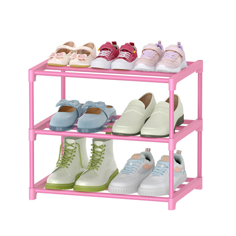 HITHIM 3-Tier Pink Shoe Racks for Women/Girls/Kids' Closet, Small Shoe Storage for 5-7 Pairs, Lightweight Stackable Shoe Shelf Organizer for Entryway, Front Door Entrance, Bedroom - Image 1