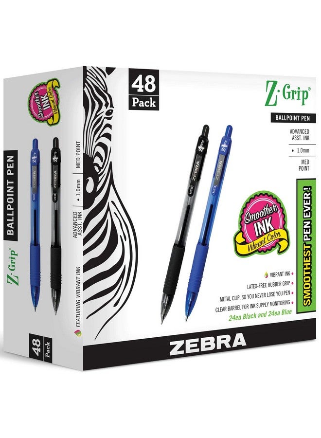 زيبرا بن مجموعة أقلام زيبرا (48 قلم حبر، قلم حبر جاف قابل للسحب بقبضة Z-grip، متوسط الرأس 1.0 مم، عبوة كومبو 24 قلمًا أسود و24 قلمًا أزرق) - Image 1