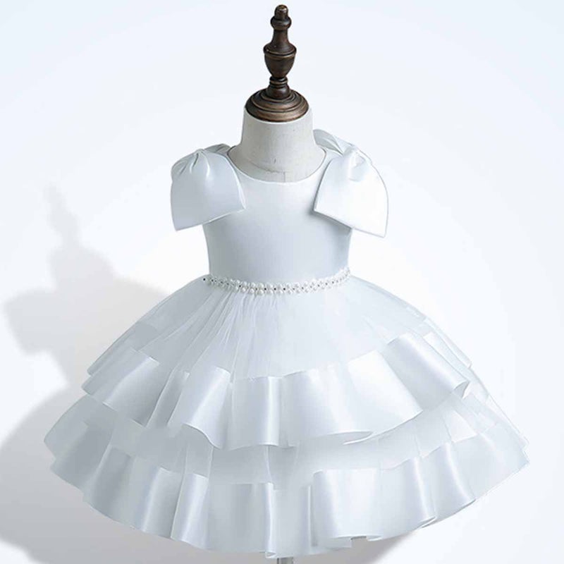 Girls New Solid Color Big Bow Mesh Puff Dinner Performance Dress Girls Birthday Party dress white