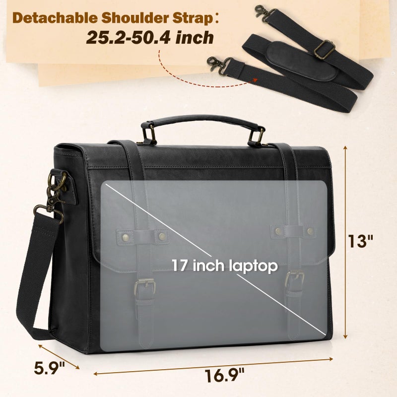 RAINSMORE Mens Messenger Bag 17 Inch Waterproof Vintage Leather Laptop Briefcase Large Laptop Bag Satchel Bag Computer Shoulder Bag for Office Business Travel College,Brown - Image 3