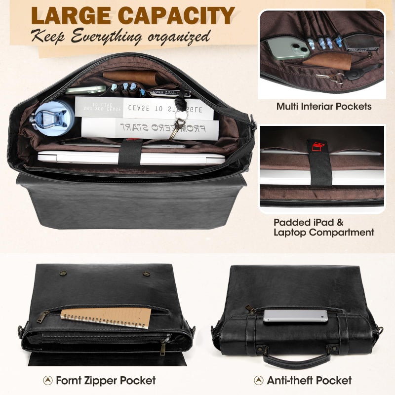 RAINSMORE Mens Messenger Bag 17 Inch Waterproof Vintage Leather Laptop Briefcase Large Laptop Bag Satchel Bag Computer Shoulder Bag for Office Business Travel College,Brown - Image 4