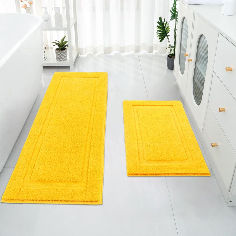 SHACOS Super Soft 2 Pieces Bathroom Runner Rugs Set Non Slip Washable 20x47 20x32 inch Fluffy Plush Microfiber Long Bath Runner Rugs Sets Bath Mat Bathroom Carpet Yellow