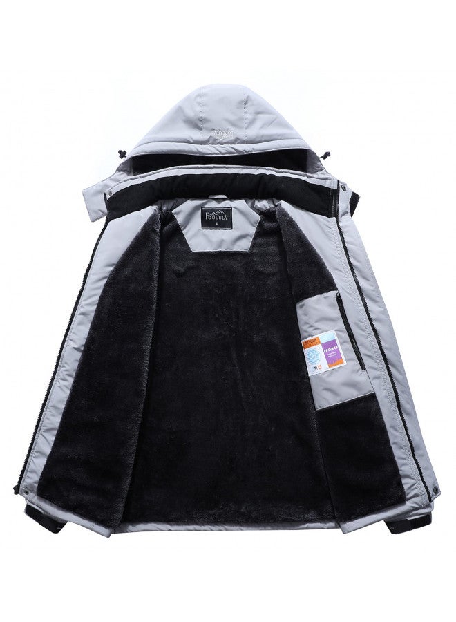 Pooluly Pooluly Men's Ski Jacket Warm Winter Waterproof Windbreaker Hooded Raincoat Snowboarding Jackets Light Gray-2XL  - Image 2