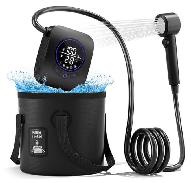 TANGBLIB Portable Shower,8000mAh Rechargeable Camping Shower Pump with 20L Foldable Bucket, LED Display,5 Spray Modes, IPX8 Shower for Outdoor, Car Washing, Pet Bathing, Cleaning,and Watering Plants - Image 1