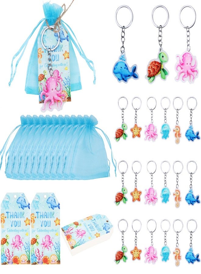 Serencatcher Under The Sea Party Favors, 72pcs Ocean Animal Baby Shower Birthday Decorations with Sea Animal Keychains Thank You Tags Blue Organza Bags for Ocean Sea Baby Shower Birthday Party - Image 2