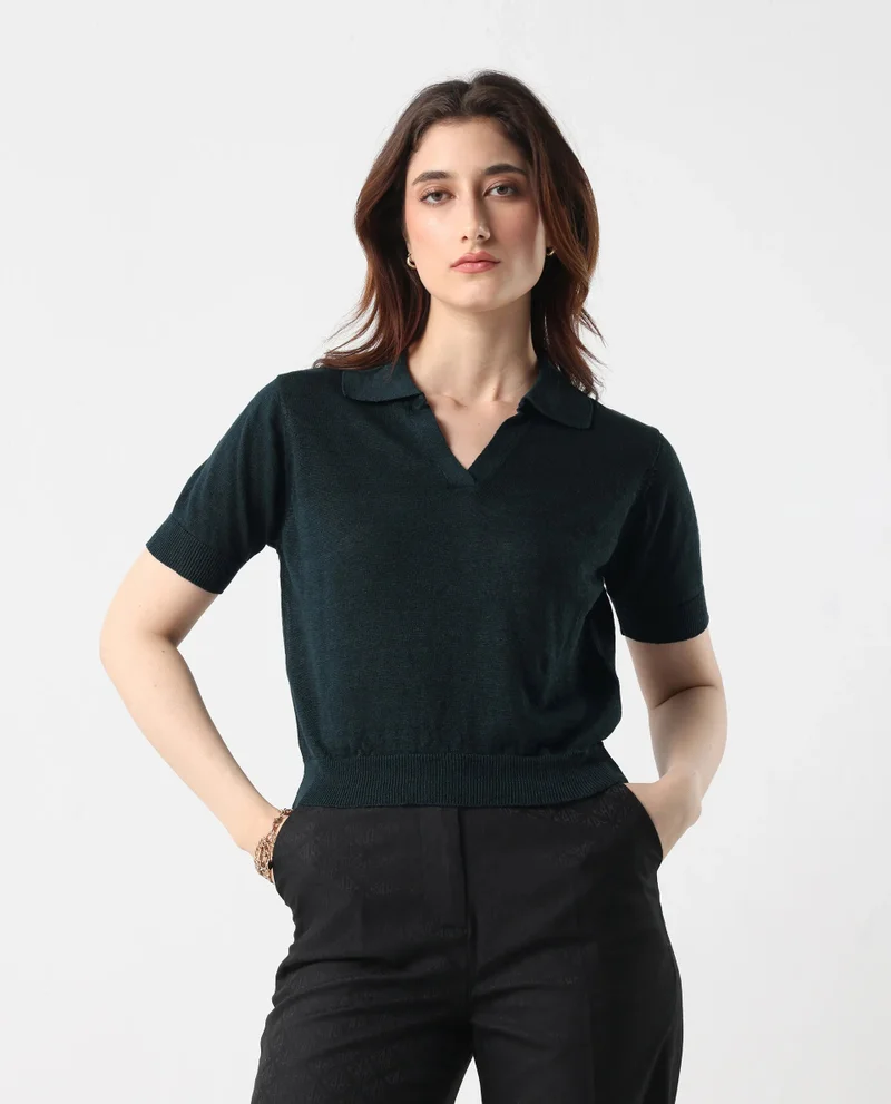 Rareism Rareism Women Basel Green Cotton Linen Fabric Short Sleeve Polo Collar Plain Polo